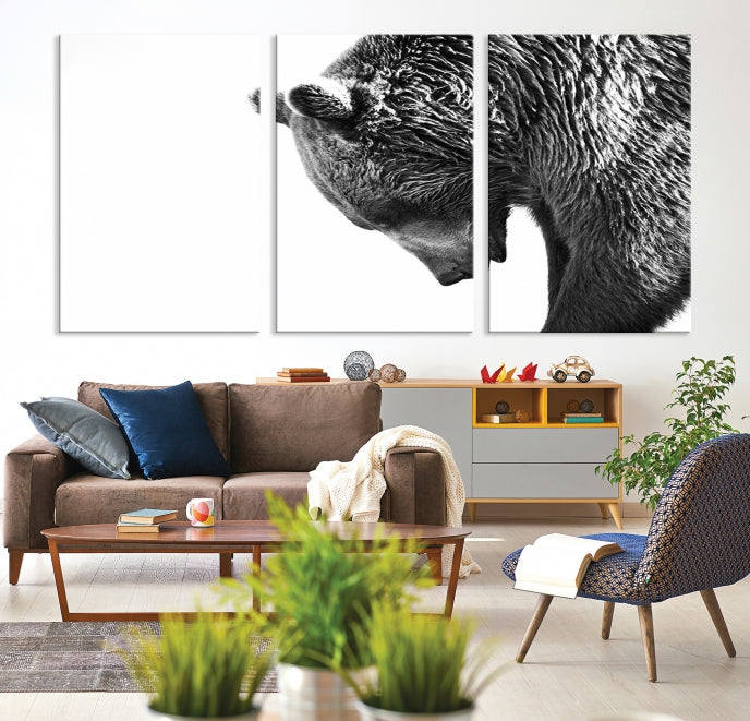 Black and White Bear Canvas Animal Grizzly Brown Bear Wall Art Giclee Print