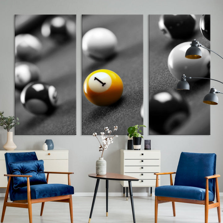 Black and White Billiard Table and Balls Large Wall Art Canvas Print