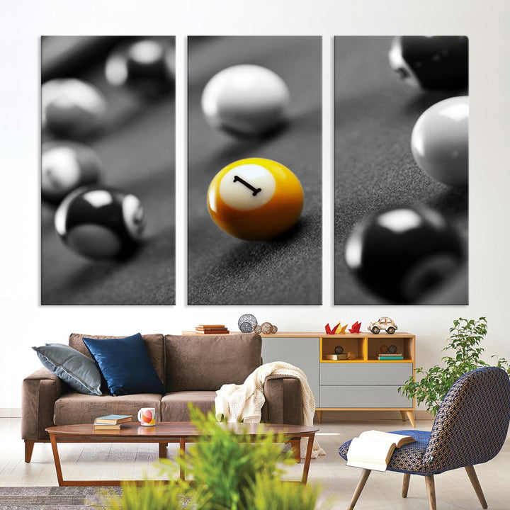 Black and White Billiard Table and Balls Large Wall Art Canvas Print