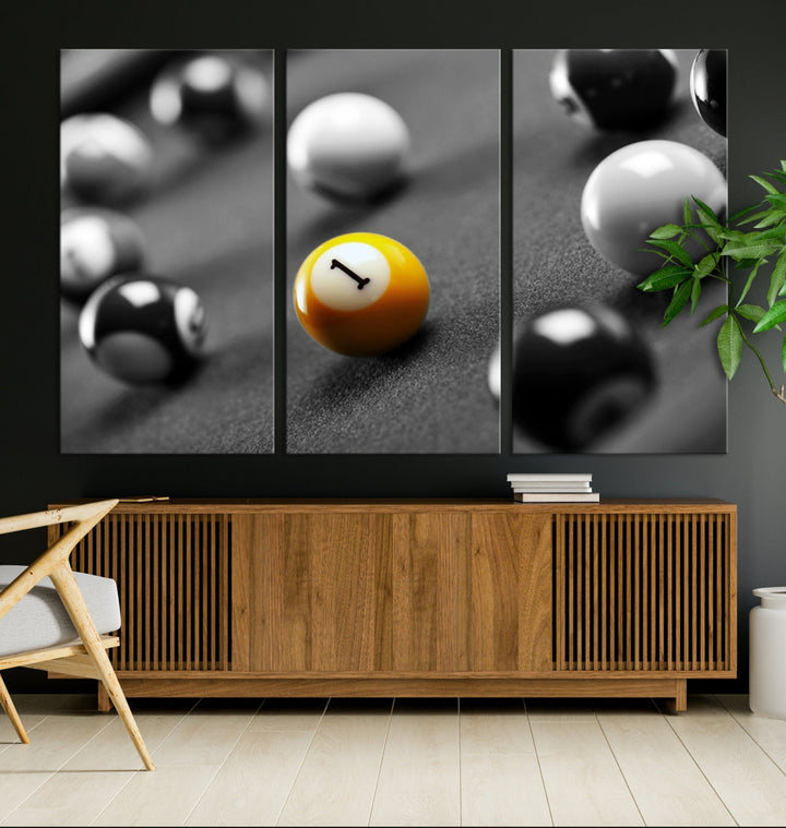 Black and White Billiard Table and Balls Large Wall Art Canvas Print