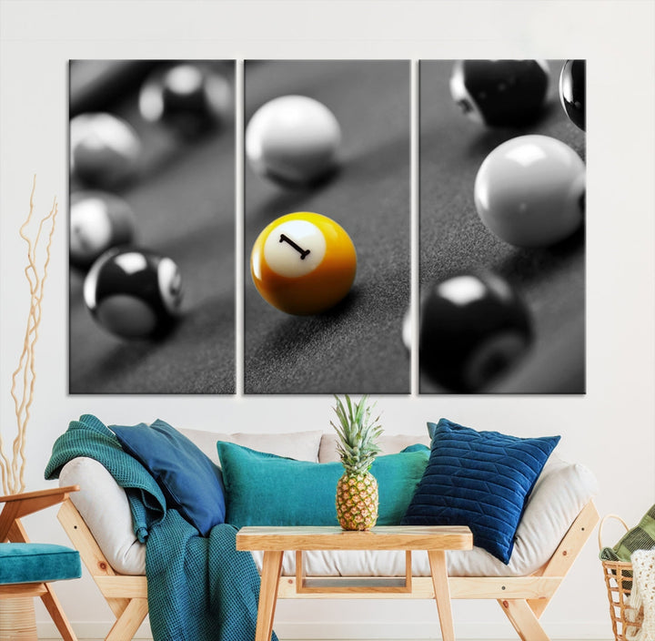 Black and White Billiard Table and Balls Large Wall Art Canvas Print