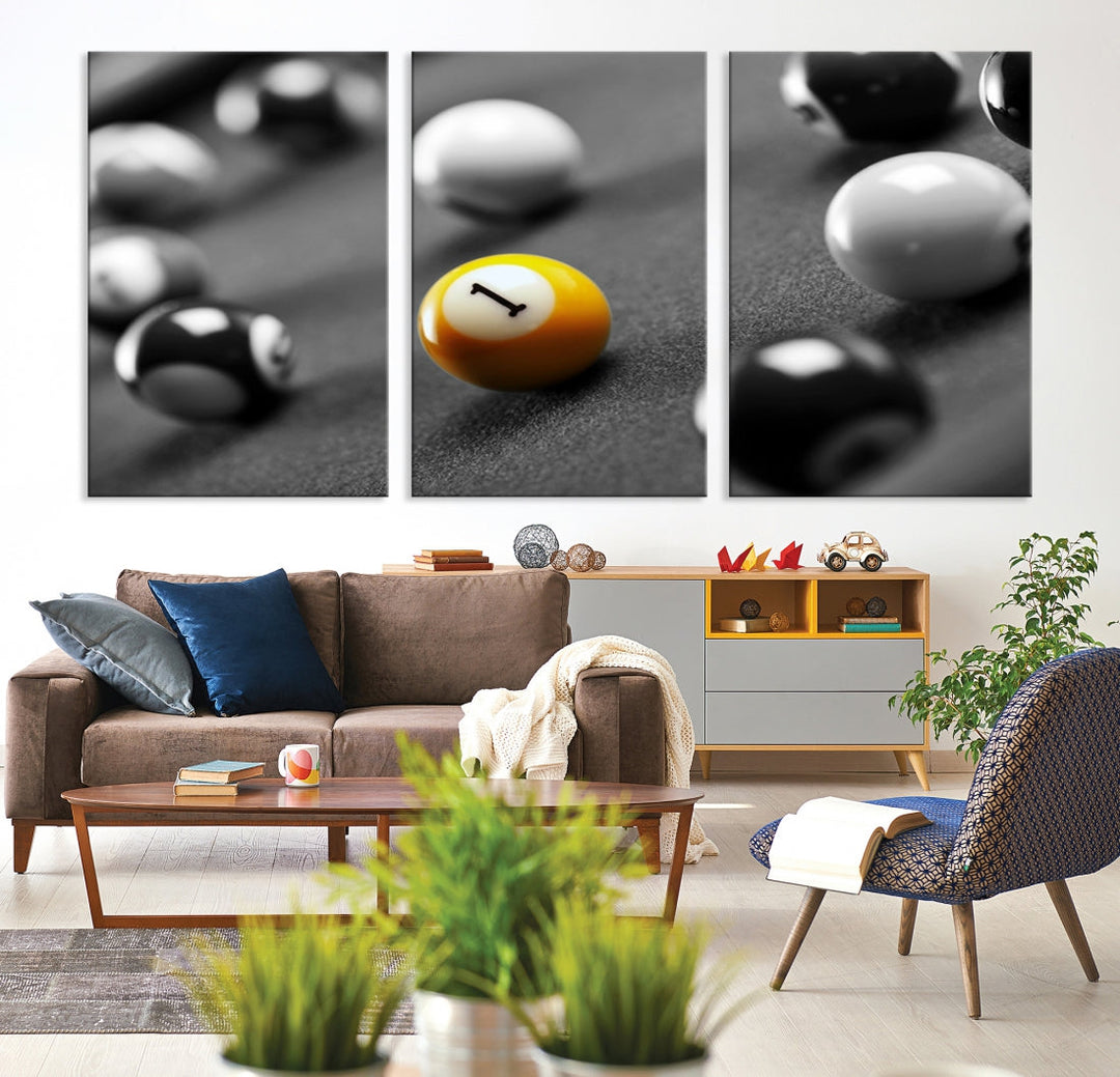 Black and White Billiard Table and Balls Large Wall Art Canvas Print