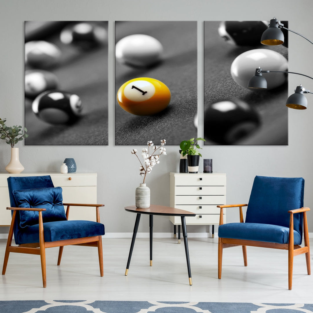 Black and White Billiard Table and Balls Large Wall Art Canvas Print