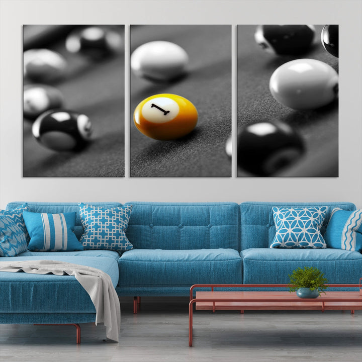 Black and White Billiard Table and Balls Large Wall Art Canvas Print