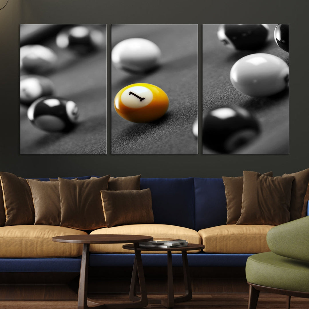 Black and White Billiard Table and Balls Large Wall Art Canvas Print