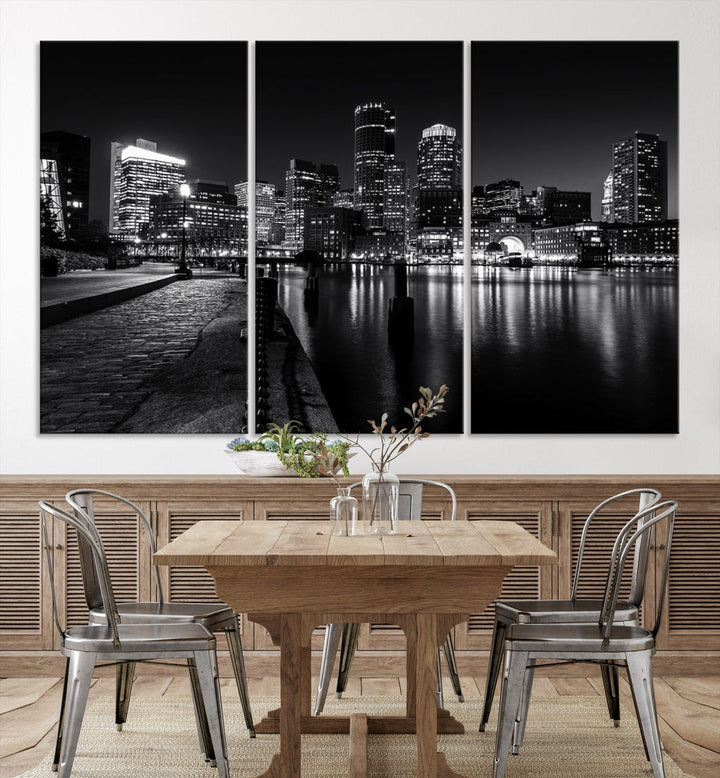 Black and White Boston City Lights Skyline Cityscape Canvas Art Print