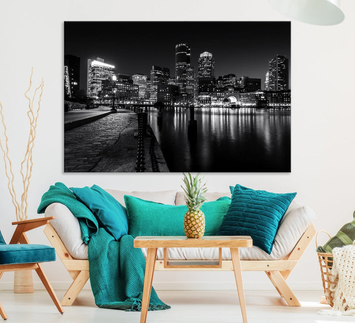 Black and White Boston City Lights Skyline Cityscape Canvas Art Print