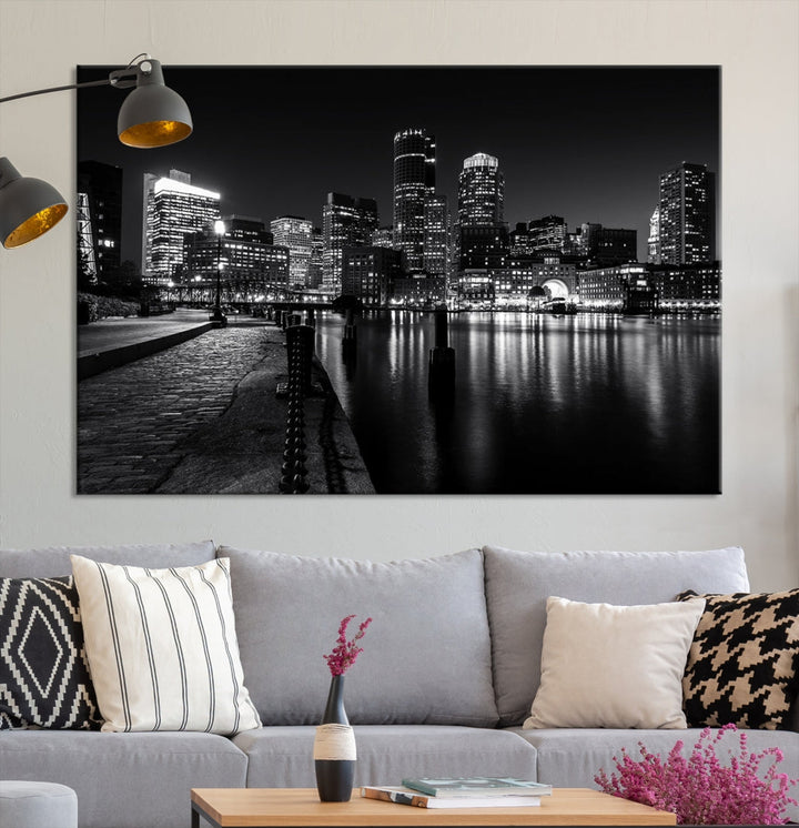 Black and White Boston City Lights Skyline Cityscape Canvas Art Print