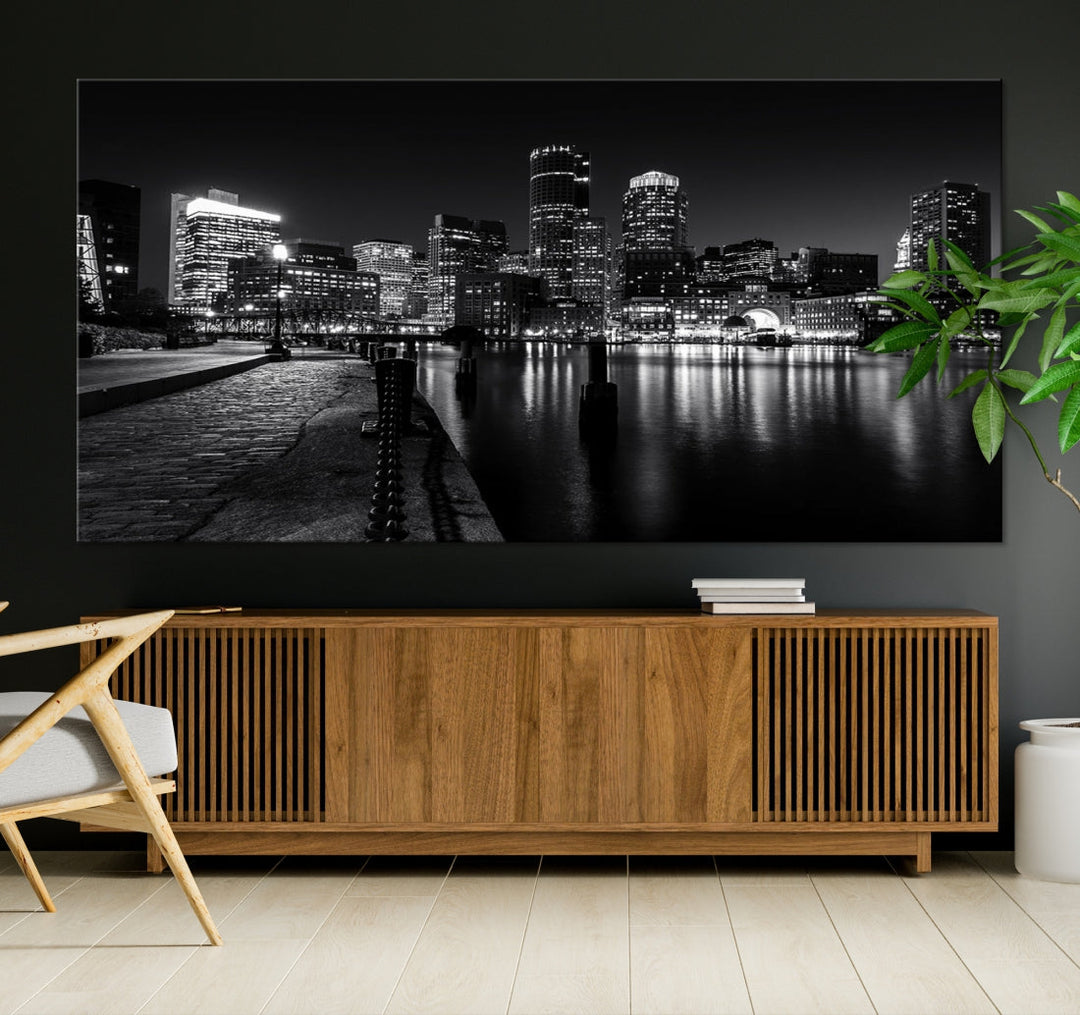 Black and White Boston City Lights Skyline Cityscape Canvas Art Print