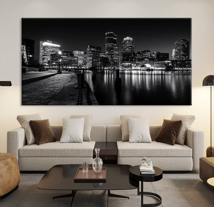 Black and White Boston City Lights Skyline Cityscape Canvas Art Print