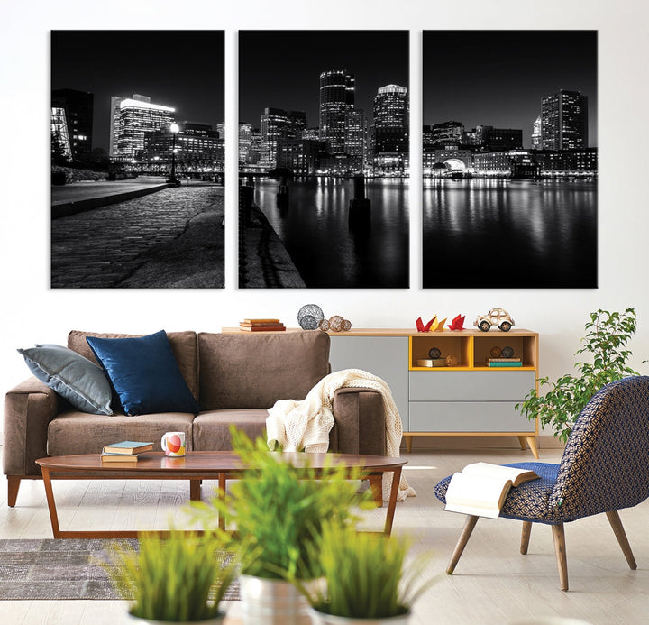 Black and White Boston City Lights Skyline Cityscape Canvas Art Print