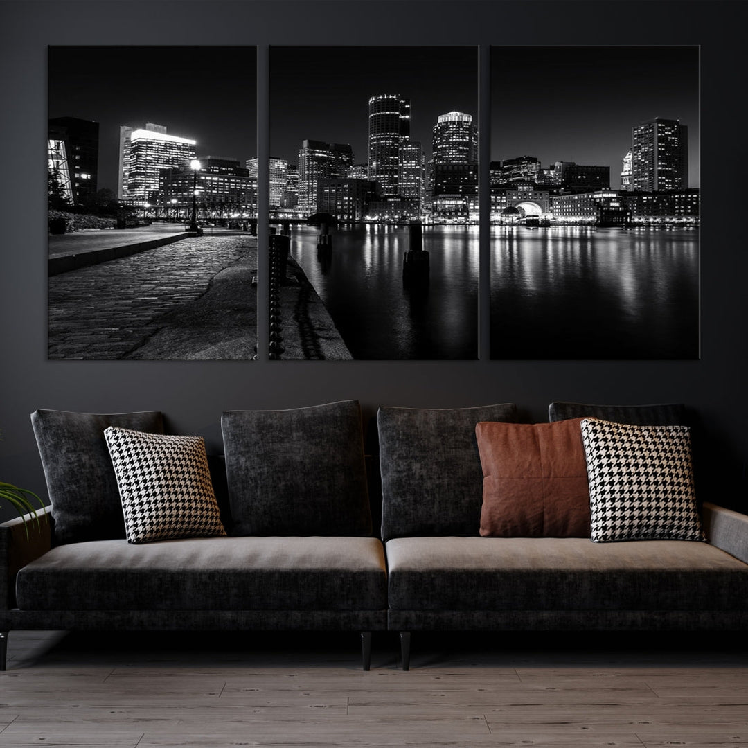 Black and White Boston City Lights Skyline Cityscape Canvas Art Print