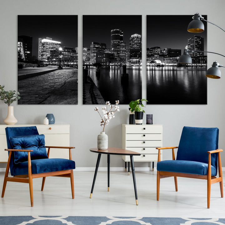 Black and White Boston City Lights Skyline Cityscape Canvas Art Print