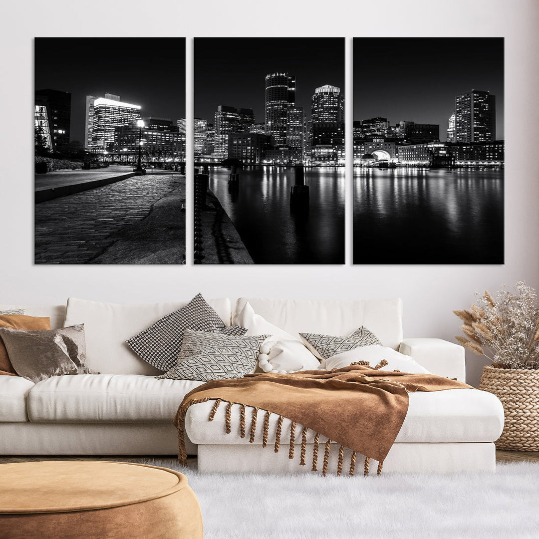 Black and White Boston City Lights Skyline Cityscape Canvas Art Print