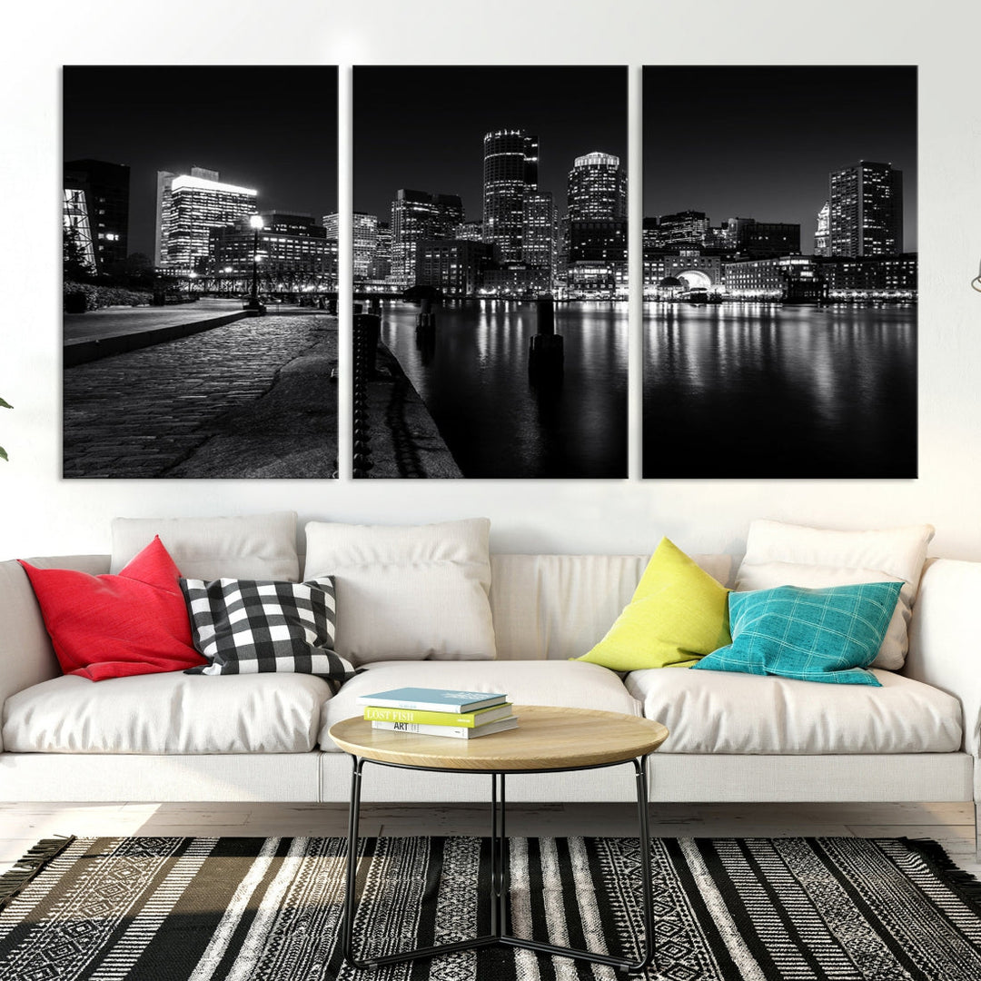 Black and White Boston City Lights Skyline Cityscape Canvas Art Print