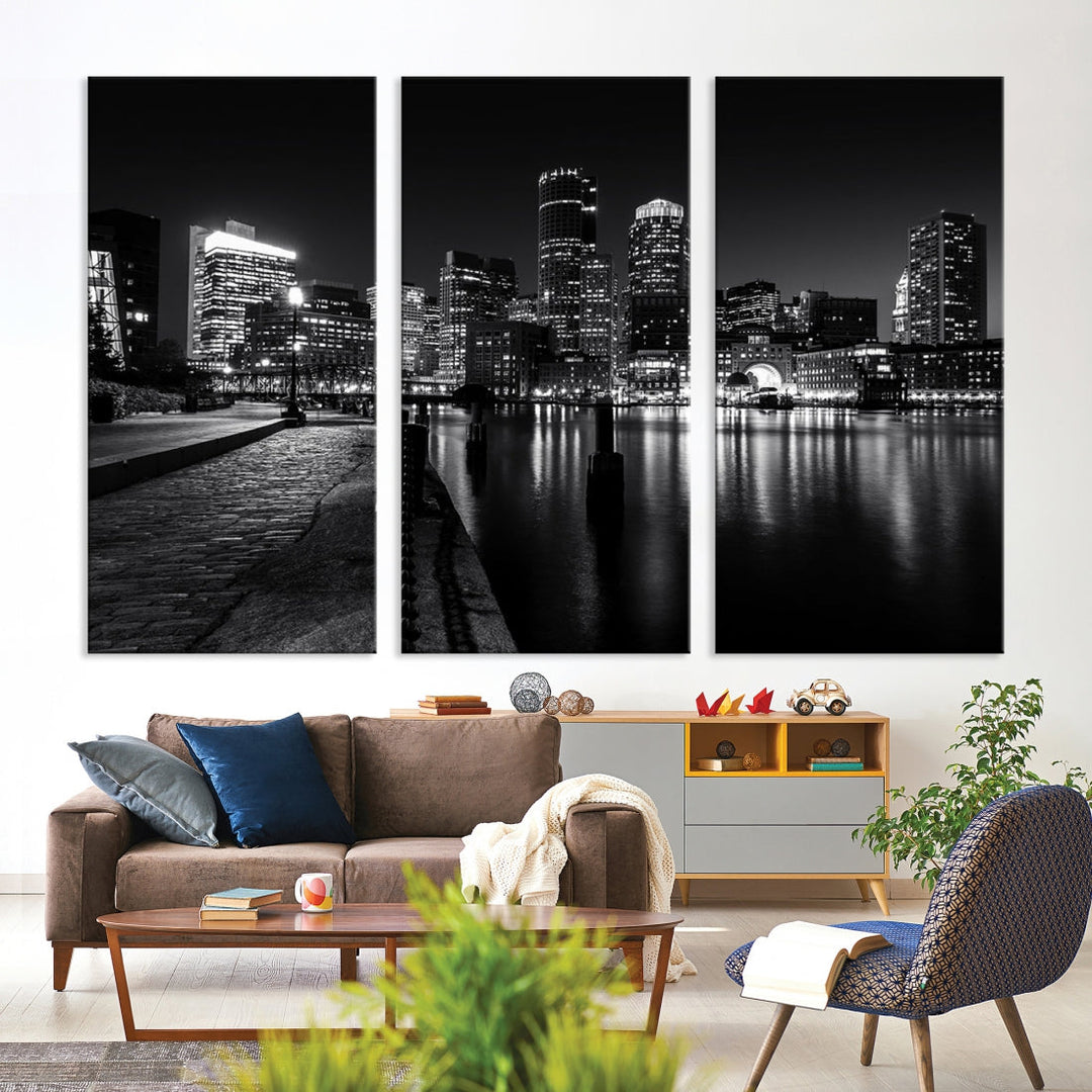 Black and White Boston City Lights Skyline Cityscape Canvas Art Print