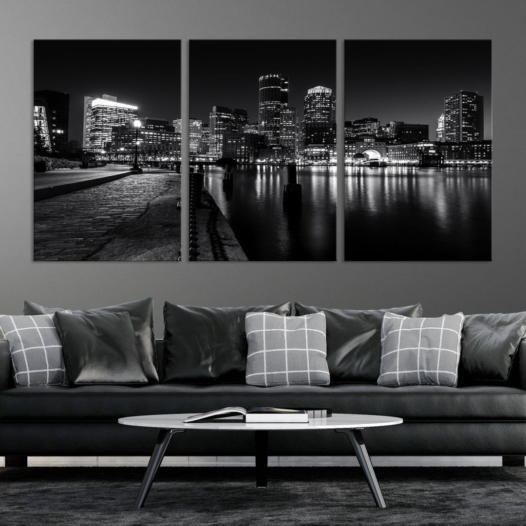 Black and White Boston City Lights Skyline Cityscape Canvas Art Print