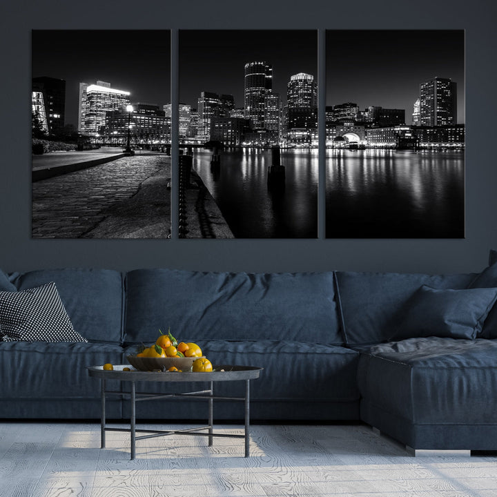 Black and White Boston City Lights Skyline Cityscape Canvas Art Print