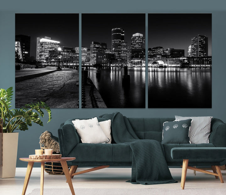 Black and White Boston City Lights Skyline Cityscape Canvas Art Print