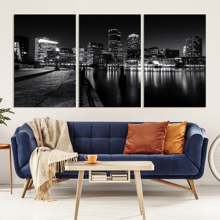 Black and White Boston City Lights Skyline Cityscape Canvas Art Print