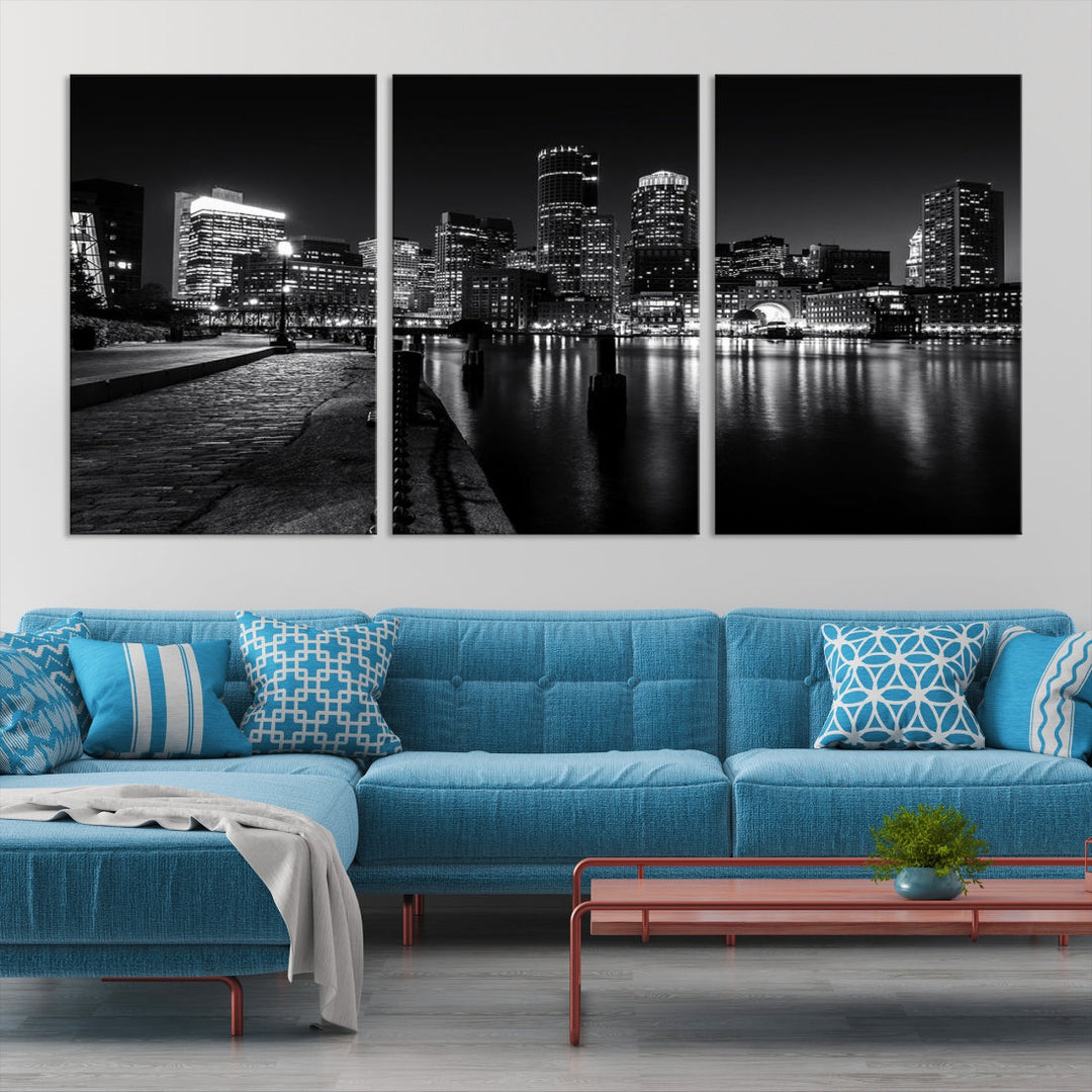 Black and White Boston City Lights Skyline Cityscape Canvas Art Print