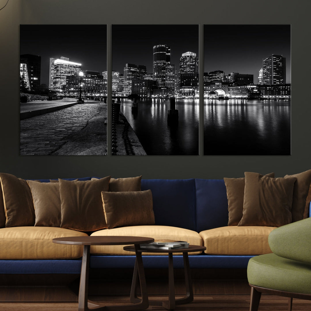 Black and White Boston City Lights Skyline Cityscape Canvas Art Print