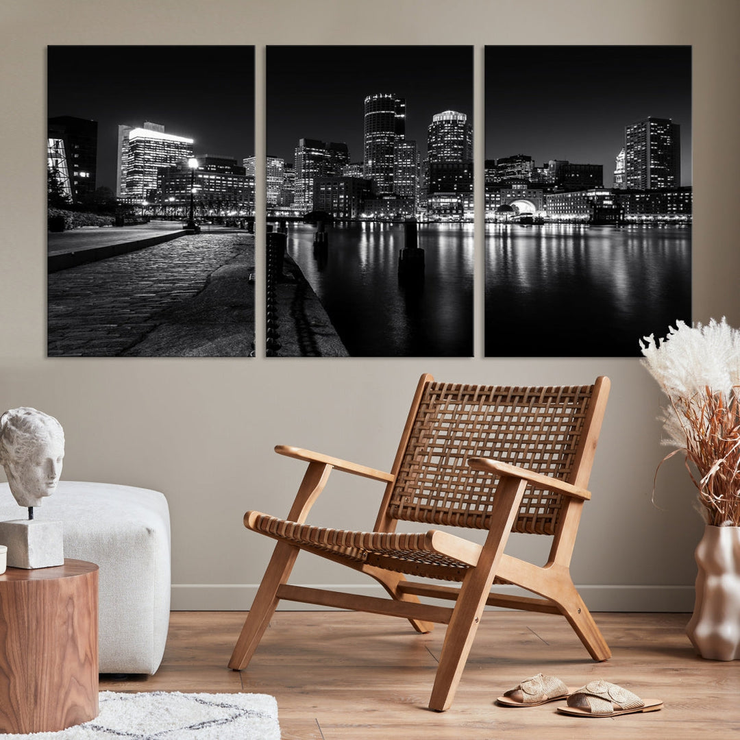 Black and White Boston City Lights Skyline Cityscape Canvas Art Print