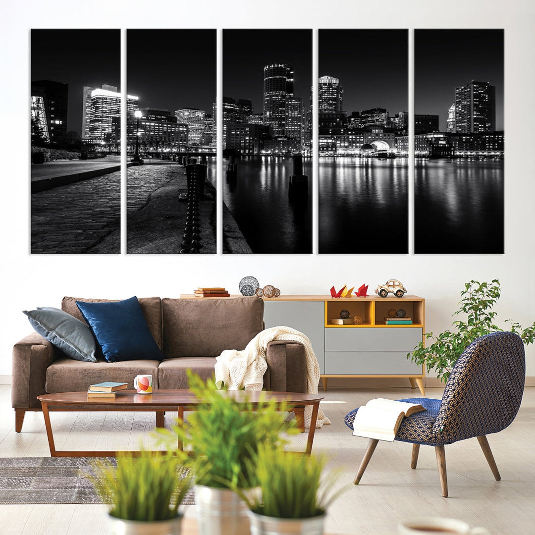 Black and White Boston City Lights Skyline Cityscape Canvas Art Print