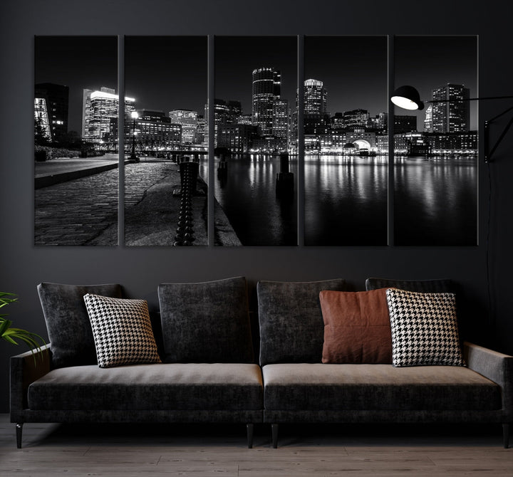 Black and White Boston City Lights Skyline Cityscape Canvas Art Print