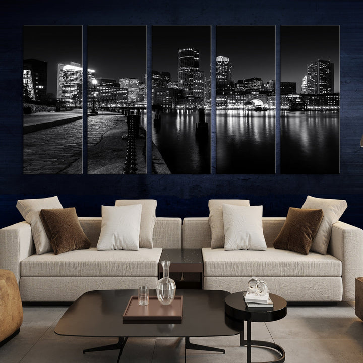 Black and White Boston City Lights Skyline Cityscape Canvas Art Print