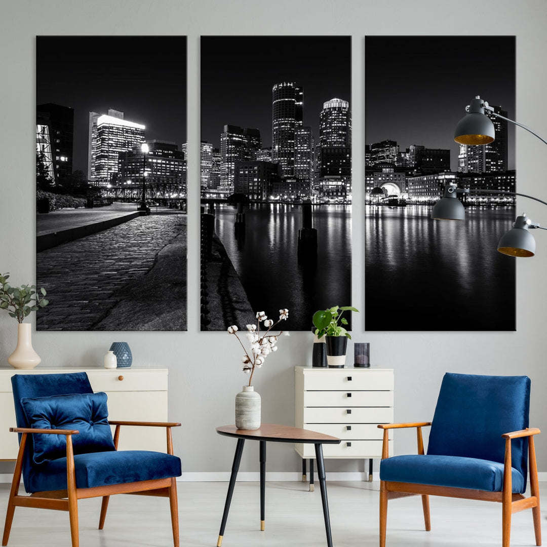 Black and White Boston City Lights Skyline Cityscape Canvas Art Print