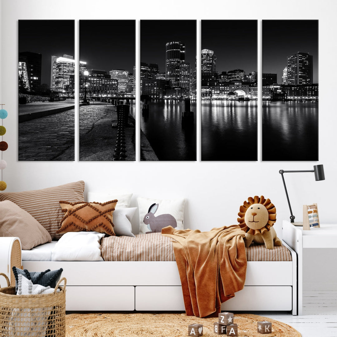 Black and White Boston City Lights Skyline Cityscape Canvas Art Print