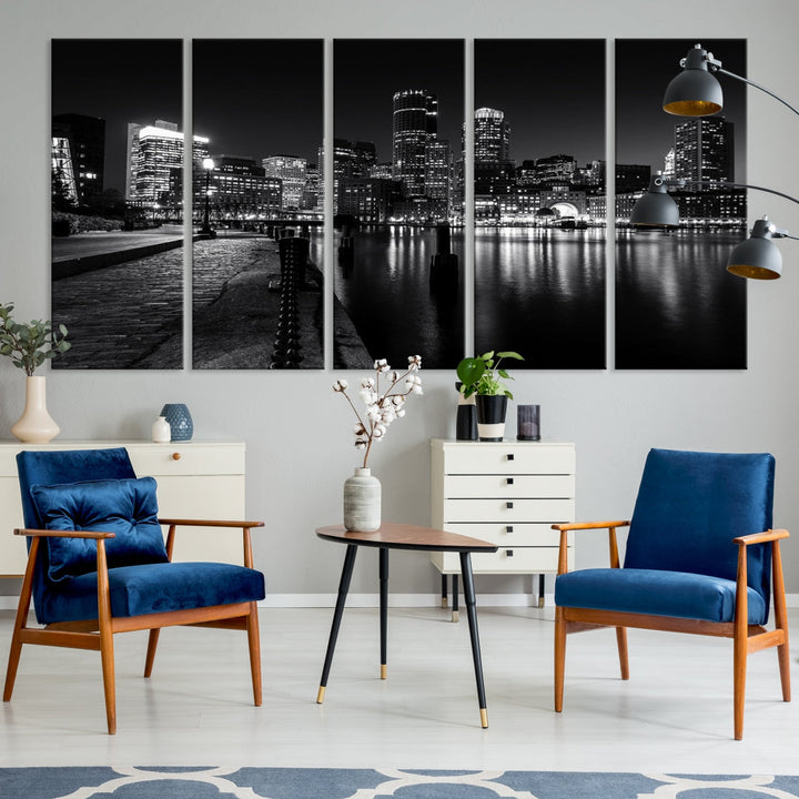 Black and White Boston City Lights Skyline Cityscape Canvas Art Print