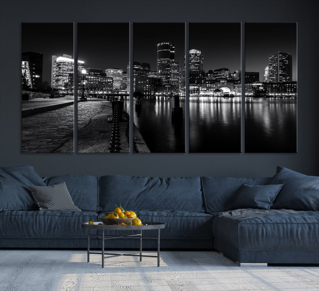 Black and White Boston City Lights Skyline Cityscape Canvas Art Print