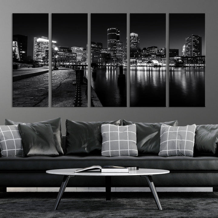 Black and White Boston City Lights Skyline Cityscape Canvas Art Print