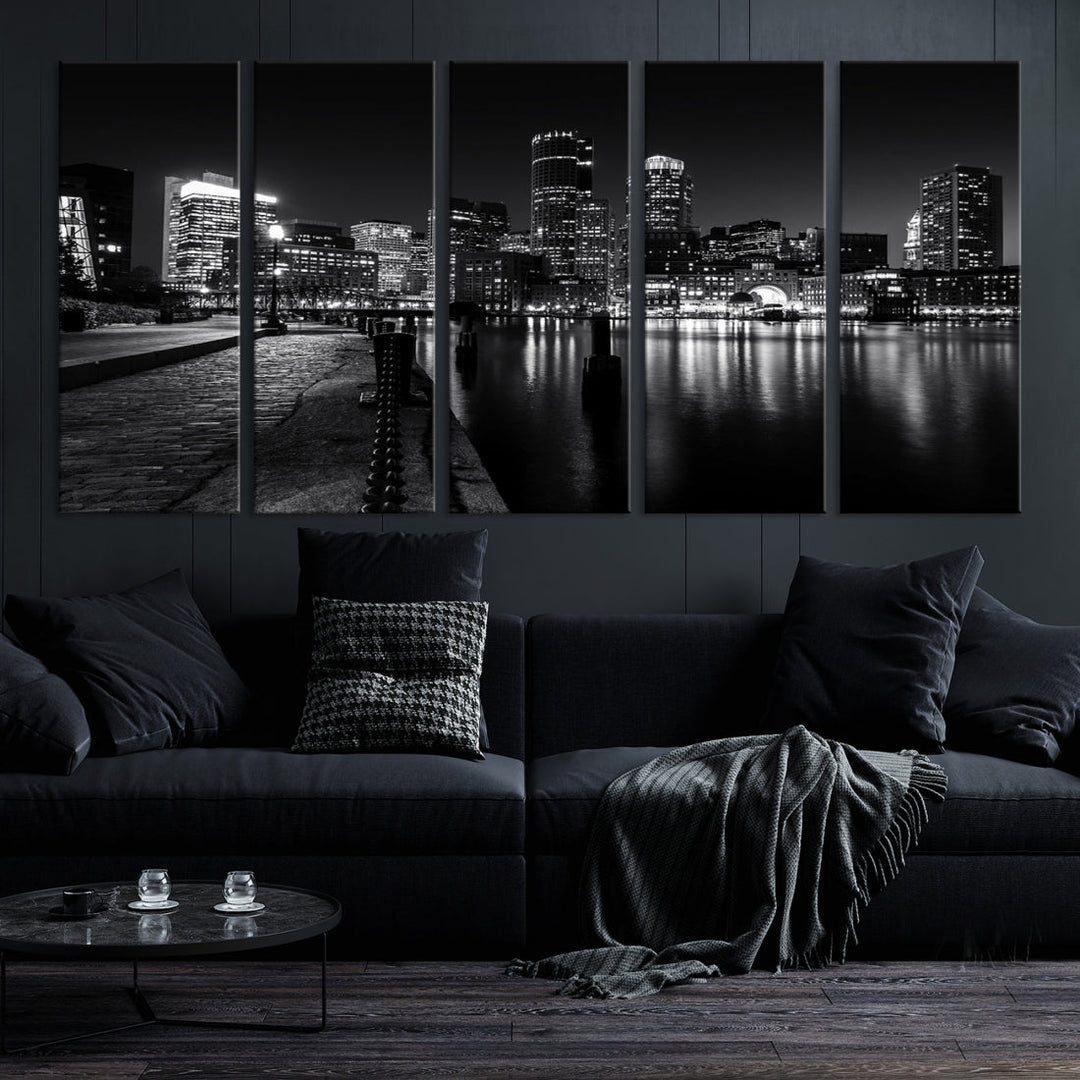 Black and White Boston City Lights Skyline Cityscape Canvas Art Print