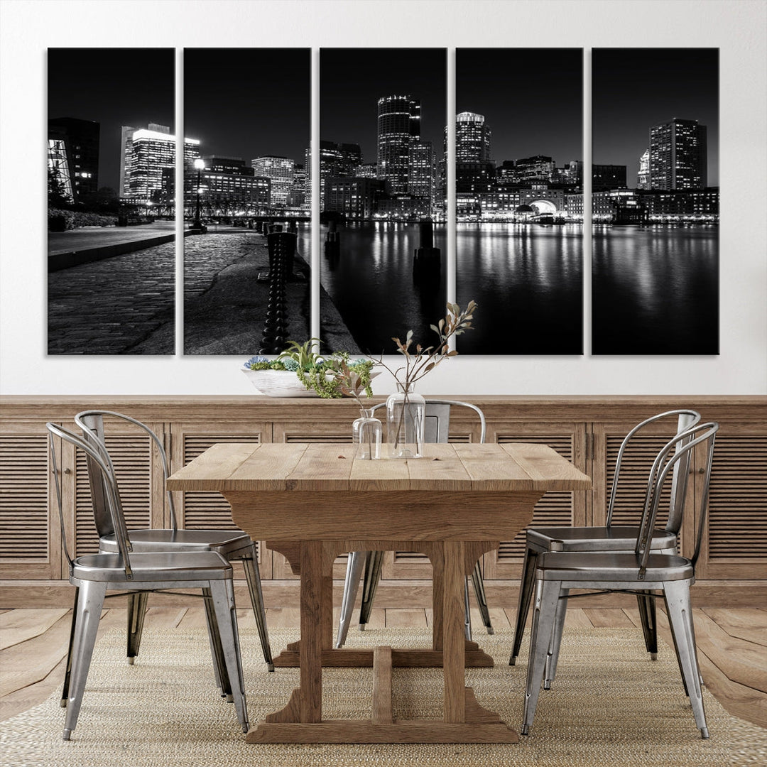 Black and White Boston City Lights Skyline Cityscape Canvas Art Print