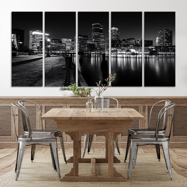 Black and White Boston City Lights Skyline Cityscape Canvas Art Print