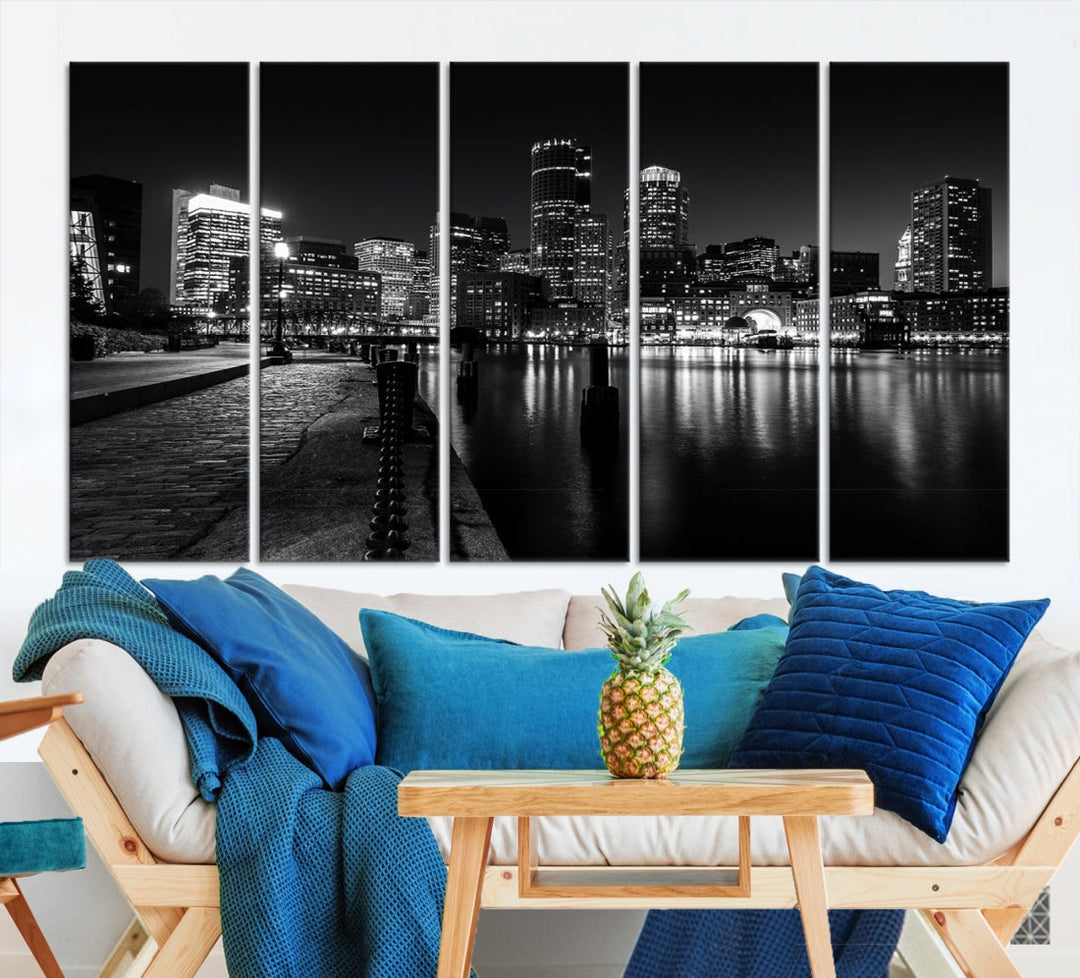 Black and White Boston City Lights Skyline Cityscape Canvas Art Print