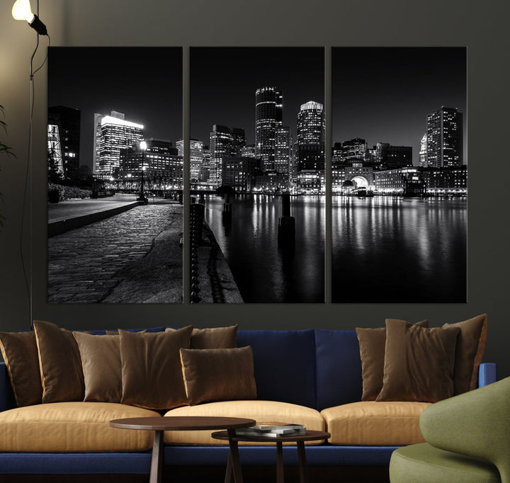 Black and White Boston City Lights Skyline Cityscape Canvas Art Print