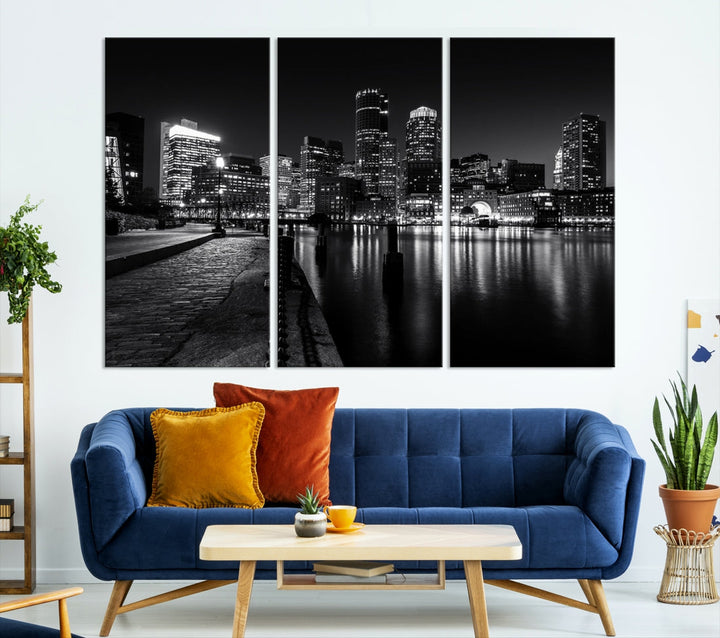 Black and White Boston City Lights Skyline Cityscape Canvas Art Print