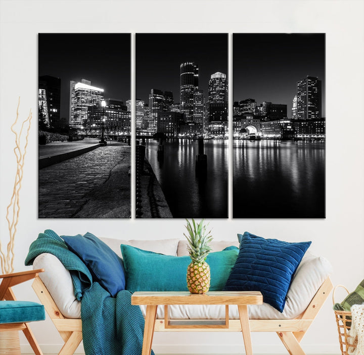 Black and White Boston City Lights Skyline Cityscape Canvas Art Print