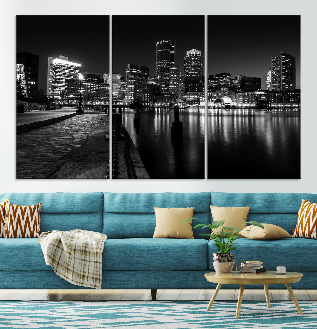 Black and White Boston City Lights Skyline Cityscape Canvas Art Print