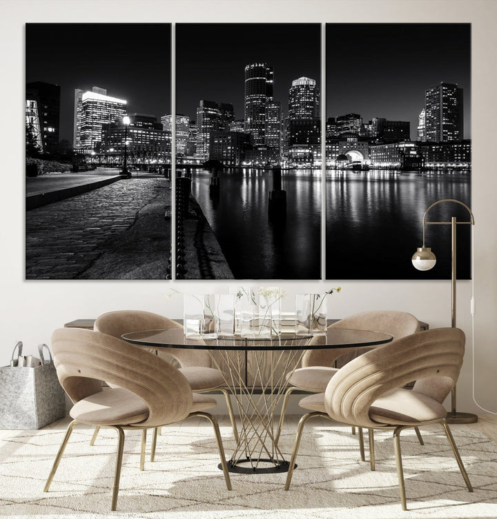 Black and White Boston City Lights Skyline Cityscape Canvas Art Print