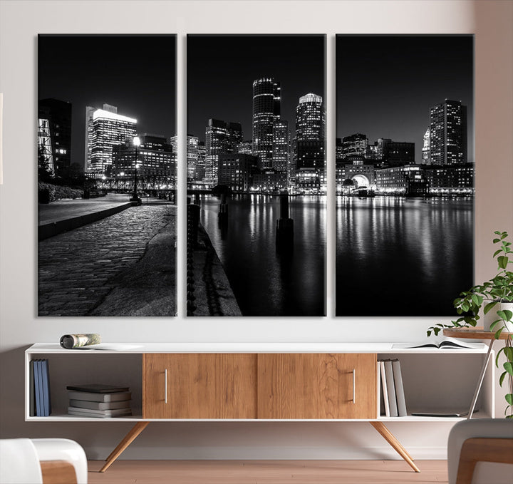 Black and White Boston City Lights Skyline Cityscape Canvas Art Print