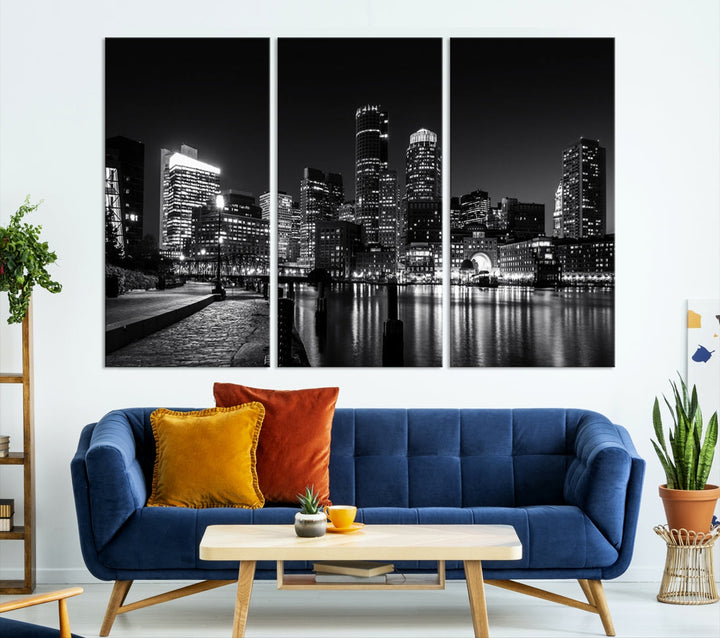 Black and White Boston Skyline Cityscape Canvas Art Print Oversized Wall Decor