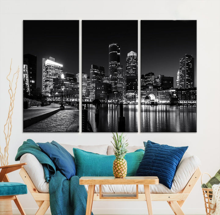 Black and White Boston Skyline Cityscape Canvas Art Print Oversized Wall Decor