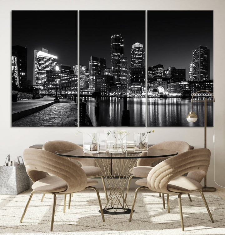 Black and White Boston Skyline Cityscape Canvas Art Print Oversized Wall Decor