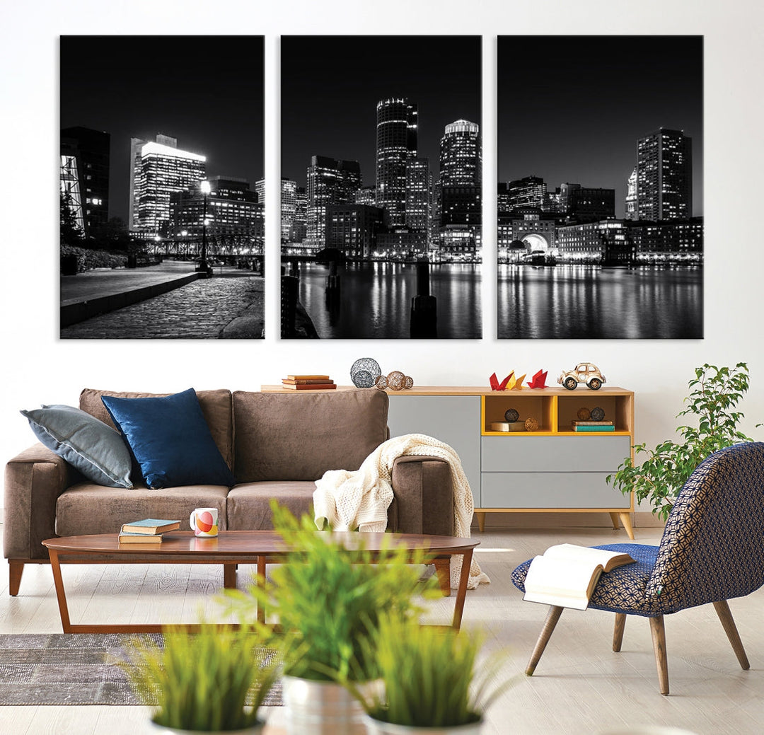 Black and White Boston Skyline Cityscape Canvas Art Print Oversized Wall Decor