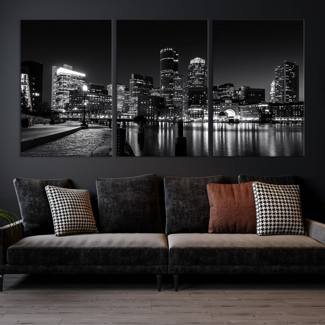 Black and White Boston Skyline Cityscape Canvas Art Print Oversized Wall Decor